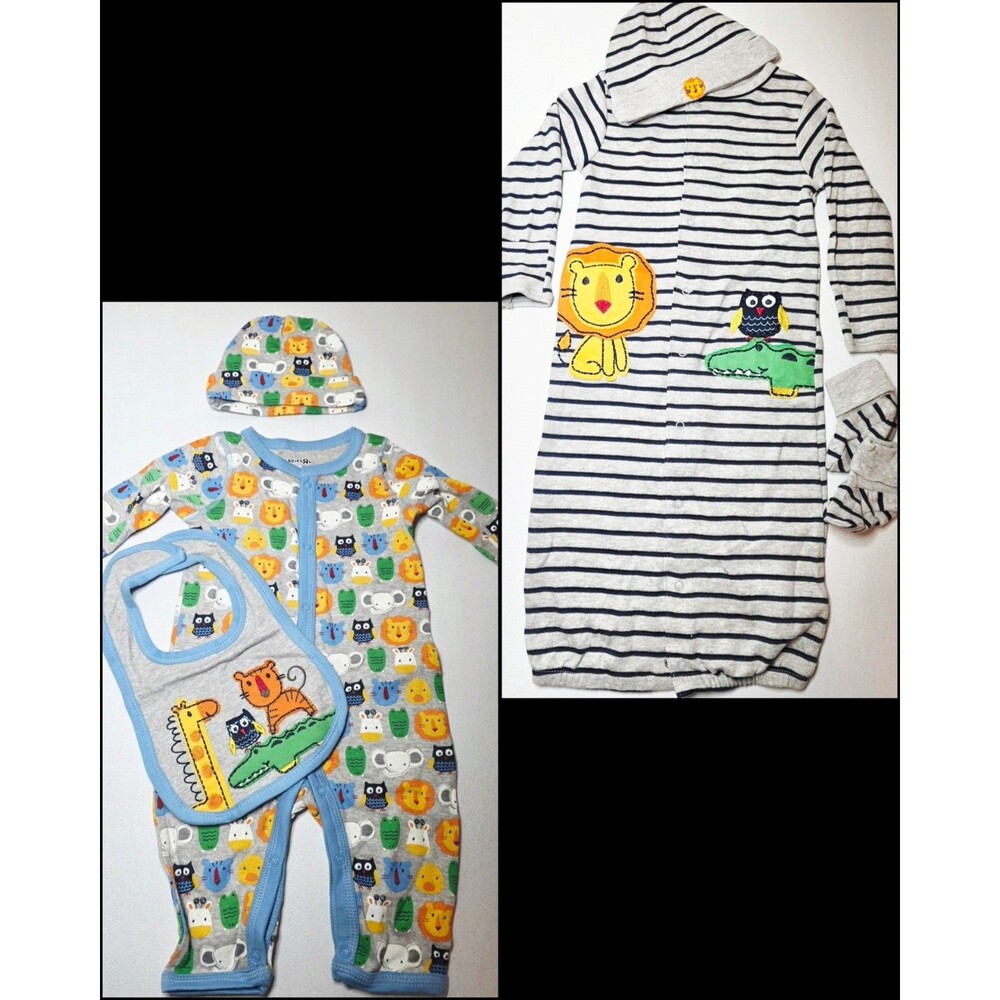 BABIES R US 0-3M Baby Sleep Sets Lot of 2- Romper & Gown with Safari Animals 6pc